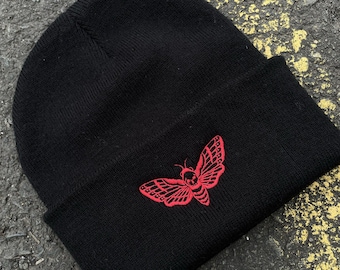 Embroidered Death Head Moth Beanie Hat • Alternative • Grunge Clothing • Black Beanie Hat