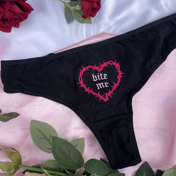 Embroidered Cotton Bite Me Barbed Wire Heart Thong Underwear