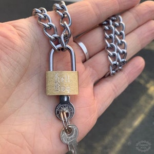 Hell Boy And Hell Girl Engraved Padlock Necklace