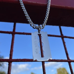 Personalised Stainless Steel Razor Necklace • Engraved Jewellery • Punk • Alternative Jewellery • Genderless • Old English