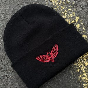 Embroidered Death Head Moth Beanie Hat • Sustainable fashion • Grunge style • Genderless accessories