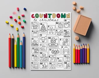Christmas Advent Calendar Coloring Poster: Kids Holiday Activity, December, Gift (Digital Download)