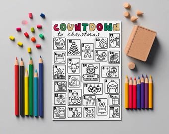 Christmas Advent Calendar Coloring Poster: Holiday, Countdown, Activity, December, Gift