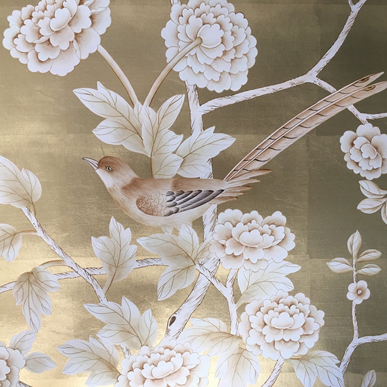 Chinoiserie Wallpaper Hand Painted Gold Metallic Wallpaper Etsy