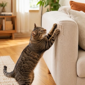 May include: A brown and black tabby cat standing on its hind legs, using its front paws to scratch the side of a light beige upholstered sofa. The fabric of the sofa shows visible signs of wear and fraying from the cat's claws on the corner.