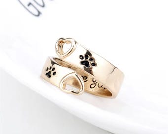 Forever In Memory - Pets "Love Heart & Pawprint Finger Ring" (Adjustable) Gold