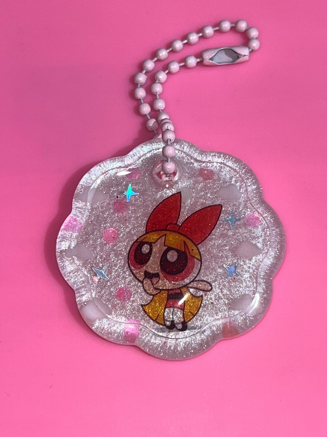 Flower Keychain: Pink Glitter, Silver Stars, Pink Bead Chain - Etsy