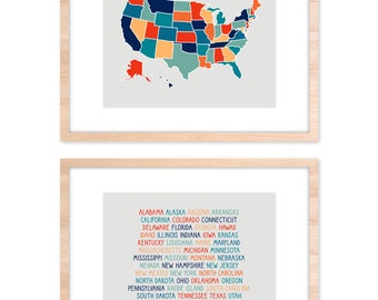 USA Map & States - Nursery/Playroom/Kid's Wall Art Printable - Digital Download, Set of 2 (Retro Colors)