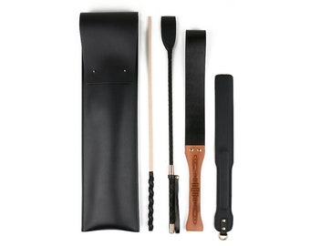 Deluxe BDSM Punisher Spanking Kit Value Bundle with FREE Leather Storage Bag | Spanking Paddle Riding Crop Cane Leather Paddle Ruler