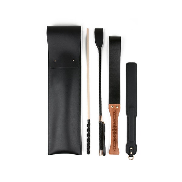 Deluxe BDSM Punisher Spanking Kit Value Bundle with FREE Leather Storage Bag | Spanking Paddle Riding Crop Cane Leather Paddle Ruler