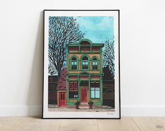 Linocut printing and watercolor printed and colorized by hand - Rhode Island