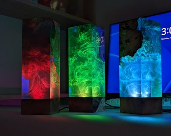 Epoxy tafellamp, epoxyhars nachtlampje - kleur veranderende houten lamp voor uniek huisdecor, houten lamp, oceaanlamp, diepblauwe oceaanlamp