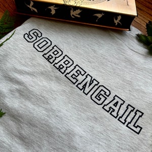 K&ouml;nnte beinhalten: Ein graues T-Shirt mit dem Text "SORRENGAIL" in schwarzen umrandeten Buchstaben. Das T-Shirt liegt auf einer Oberfl&auml;che, im Hintergrund ist ein Buch mit dem Titel "Fourth Wing" zu sehen.