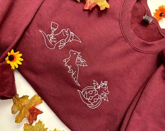 Embroidered Halloween Dragons Outline Unisex Sweatshirt | Halloween Sweatshirts | Fall Sweater | Dragons | Fantasy