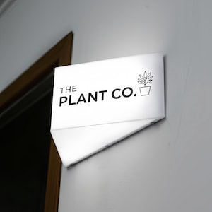 May include: A white, rectangular sign with the text "THE PLANT CO." in black, along with a small potted plant graphic. The sign is mounted on a gray wall, with a door frame visible in the background.