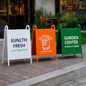 May include: Three A-frame metal sidewalk signs in white, orange, and green. The white sign reads SUNLTH FRESH 100% FRESH FRUIT. The orange sign features a cartoon character and reads 1/2 STUDIO COFFEE & BAR. The green sign reads GARDEN CENTER PLANTS & FLOWERS.