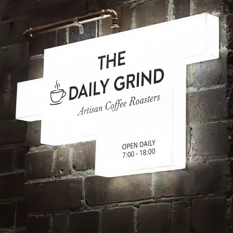 May include: A white, illuminated sign for "THE DAILY GRIND Artisan Coffee Roasters" is mounted on a brick wall. The sign features the shop's name, a coffee cup graphic, and the hours of operation: 7:00 - 18:00. A copper pipe is mounted above the sign.