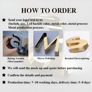 May include: How to order custom metal signs.  Send your logo or text, size, LED backlit colour, metal colour, and metal process.  Choose from baking varnish, mirror polishing, or brushed electroplating finishes.  Mock-up and quote provided before purchase.  Production time is 7-10 working days, delivery time is 5-8 days.