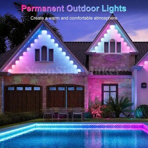Peut inclure: Une maison avec une piscine éclairée par des lumières LED colorées. Les lumières sont installées autour de la piscine et sur le toit de la maison. Les lumières changent de couleur, créant une ambiance vibrante et festive.  Éclairage extérieur permanent. Créez une ambiance chaleureuse et confortable.
