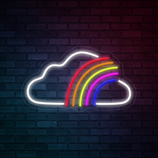 May include: A neon sign shaped like a cloud with a rainbow. The cloud outline is white, and the rainbow features red, orange, yellow, green, blue, and purple arcs. The sign is mounted on a dark brick wall.