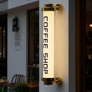 Puede incluir: Un letrero vertical iluminado de "COFFEE SHOP". El letrero es un tubo cilíndrico blanco con letras negras, encerrado en accesorios de metal dorado. Está montado en una pared blanca, lo que sugiere un entorno de cafetería al aire libre.