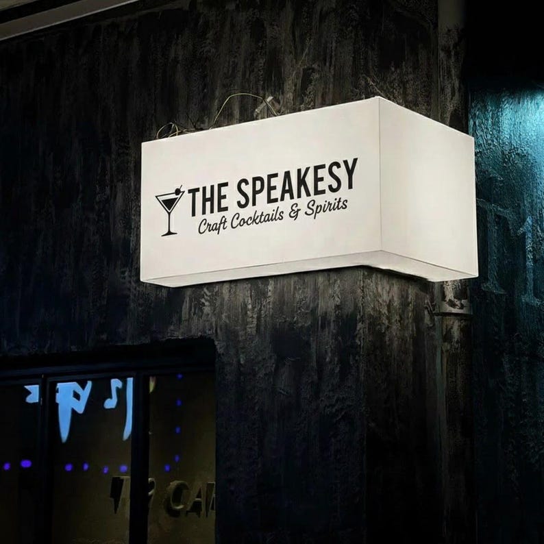 May include: A rectangular white sign with the text "THE SPEAKESY" in black, along with "Craft Cocktails & Spirits" below. A cocktail glass icon is to the left of the main text. The sign is mounted on a dark, textured wall.