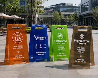 Custom Acrylic Foldable A Frame Sidewalk Sign, Business Display for Cafe Bakery Boutique Stores