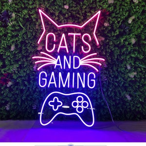 Cats and gaming Neon Sign, Led Neon Light Sign, Personalized Gift, Kids Gift, Birthday Gift, Gamer Decor, Gift For Him Her, Logo Neon Sign