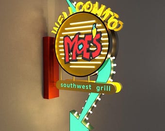 Op de afbeelding: Een neonbord voor Moe's Southwest Grill. Het bord heeft een gele cirkel met de naam van het restaurant in rood, een turquoise pijl en de woorden "Welcome to" en "southwest grill". Het bord is gemonteerd op een rood-gele structuur.