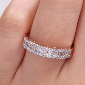 Womens Multi Stone Moissanite Wedding Band, Three Layer Moissanite Half Eternity Engagement Ring, Solid Gold / Silver Promise Band for her
