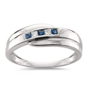 Mens Sapphire Hand Made Ring, Princess Moissanite Men&#39;s Wedding Band With Accent Sapphire, Men 925 Silver & Solid Gold Art Deco Promise Band