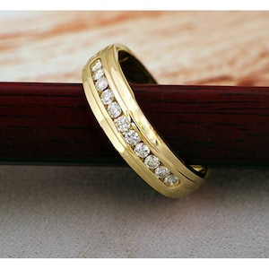 Mens Moissanite Ring, Men&#39;s Half Eternity Wedding Band, High Polished Gold Male Engagement Ring, Men&#39;s Promise Wedding Band, Gift For Him