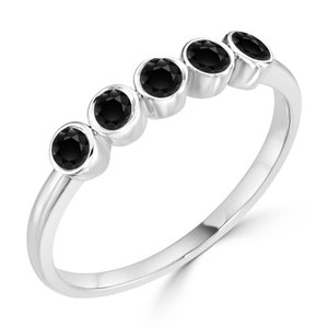 Womens Black Onyx Wedding Band, Round Cut Onyx Half Eternity Engagement Ring, Solid Gold Hand Made Promise Band, 925 Silver Ring For Her