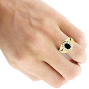 Vintage Art Deco Onyx Ring: Moissanite Accent, Sterling Silver & Gold