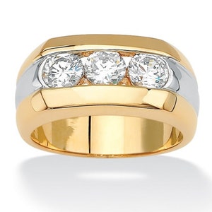 Mens Three Stone Wedding Ring, Moissanite Silver & Gold Male Unique Wedding Ring, Three Stone Vintage male engagement ring, Fathers Day Gift