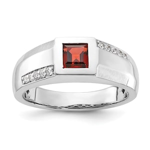Handmade Art Deco Sterling Silver Men&#39;s Garnet Ring with Lab Diamonds