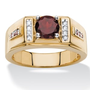 Men&#39;s Garnet Ring, Round Cut Garnet Wedding Ring, Accent Moissanite Solid Gold Male Engagement Ring,Modern Silver Promise Ring,Men Gift Ring