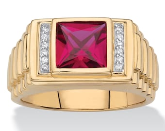 Mens Ruby Ring, 2.5 Carat Princess Cut Ruby Wedding Ring, Accent Moissanite Men Engagement Ring, 925 Silver & Solid Gold Ring, Men Gift Ring