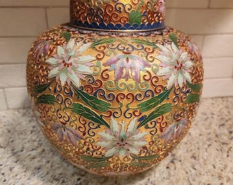 Barattolo di zenzero grande in cloisonné cinese da collezione d'epoca con coperchio
