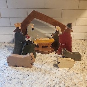 Handmade Rustic Folk Art Wooden Nativity Scene