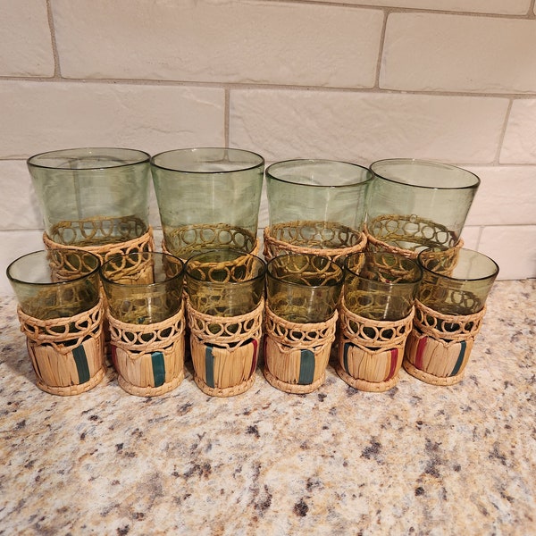 Vintage Glasses in Rattan Holders