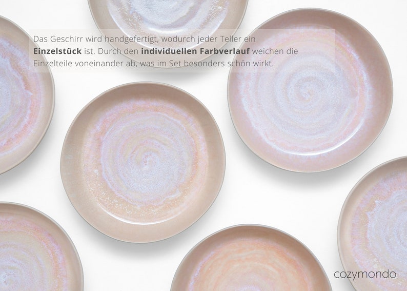 Pastateller-Set aus Keramik mit handgemaltem Spiraldekor in rosé 24cm I Set für 2 Personen Bild 7