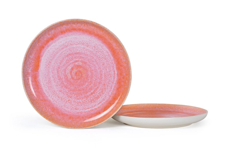 Speiseteller-Set aus Keramik mit handgefertigtem Spiraldekor in rot/lachsfarben 27cm I Set für 2 Personen Bild 2