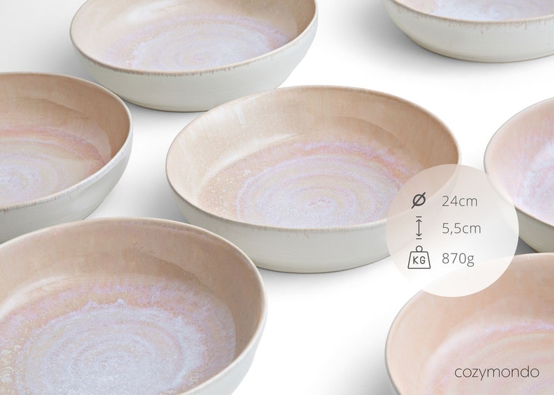 Pasta plate set made of ceramic with hand-painted spiral decoration in rosé 24 cm I Set for 2 people image 6