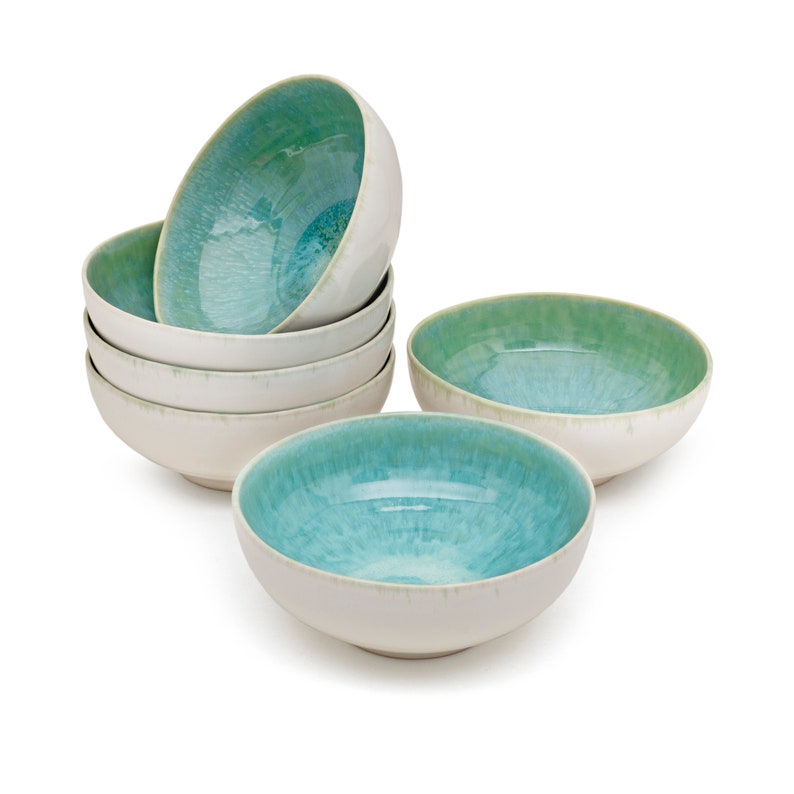 Bowlschalen aus Keramik 17cm in grün/türkis mit handgemaltem Spiraldekor 2 Schalen Bild 4