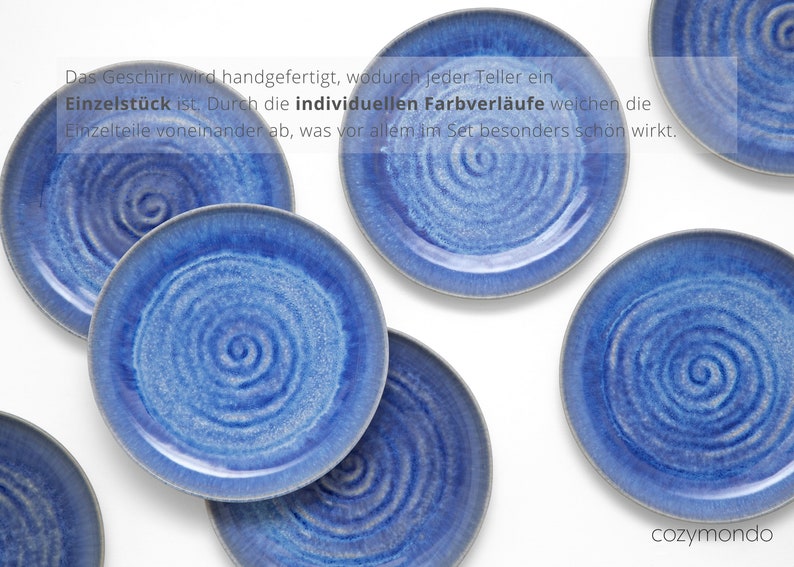 Speiseteller-Set aus Keramik mit handgefertigtem Spiraldekor in blau 27cm I Set für 2 Personen Bild 8