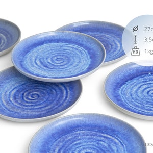 Speiseteller-Set aus Keramik mit handgefertigtem Spiraldekor in blau 27cm I Set für 2 Personen Bild 7