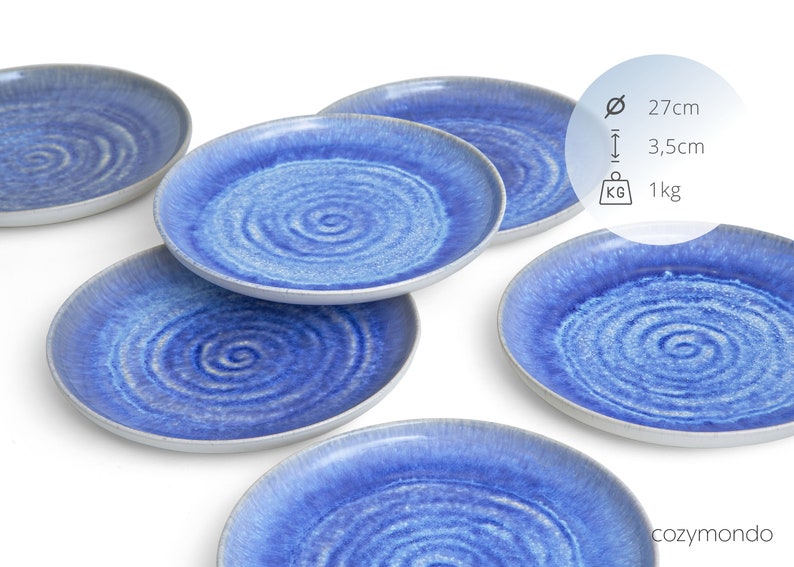 Speiseteller-Set aus Keramik mit handgefertigtem Spiraldekor in blau 27cm I Set für 2 Personen Bild 7