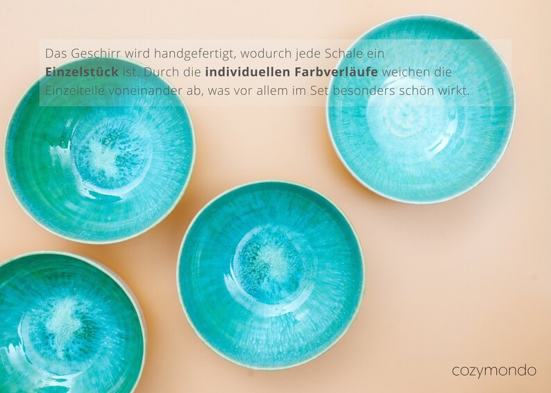 Bowlschalen aus Keramik 17cm in grün/türkis mit handgemaltem Spiraldekor 2 Schalen Bild 8