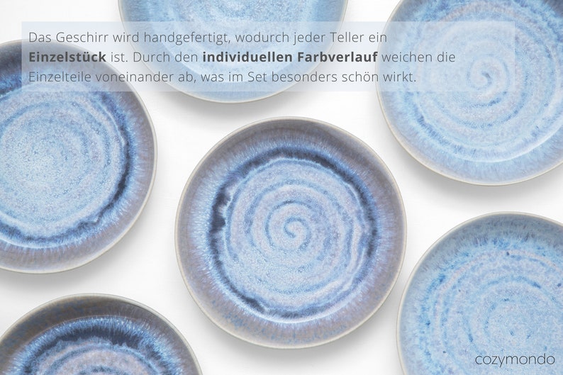 Pastateller-Set aus Keramik mit handgemaltem Spiraldekor in blau 24cm I Set für 2 Personen Bild 7